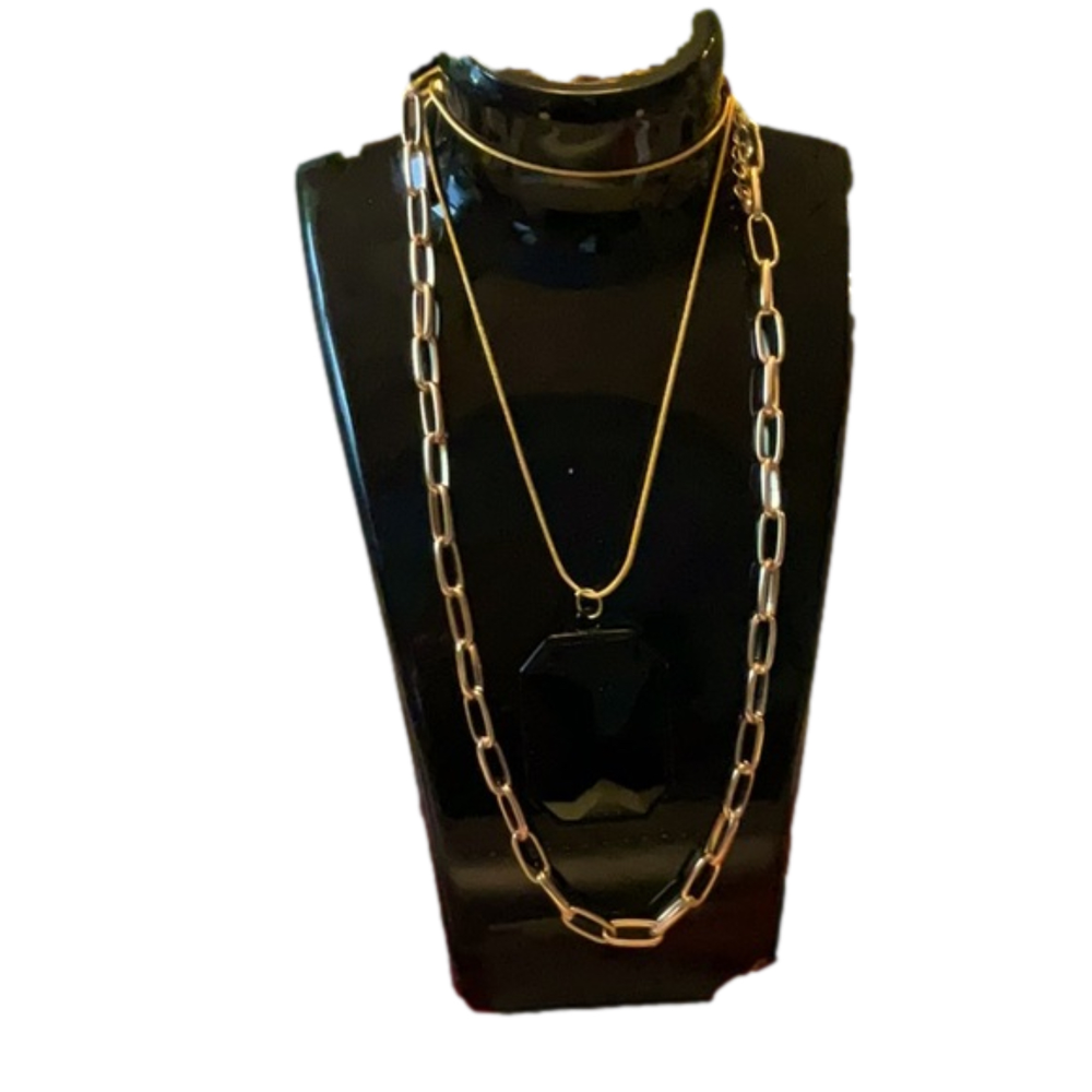 925 Sterling Silver Snake Paperclip Necklace Black Pendant Double Layer